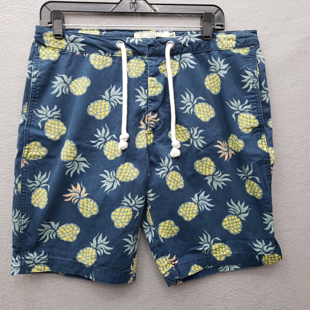 H&M LOGG Drawstring Waist Cargo Shorts Blue Pineapple Tropical Vacation Beach 32